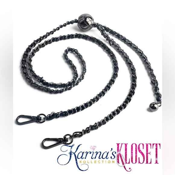 Adjustable Purse Strap, Leather Woven Chain, Gun Metal & Black Vegan Leather - Picture 1 of 1